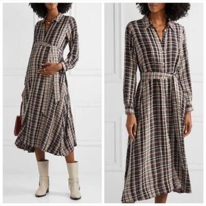 Hatch Alyssa Black Pink Plaid Long Sleeve Button Down Belt Midi Maternity Dress